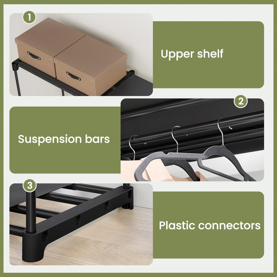 Freestanding Clothes Rack – Fabric – Black – Portable Wardrobe with Shelves and Hanging Rails