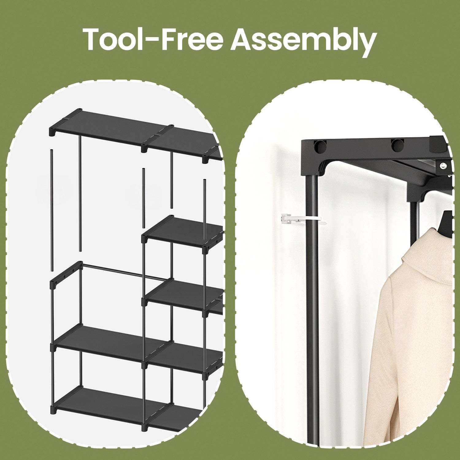 Freestanding Clothes Rack – Fabric – Black – Portable Wardrobe with Shelves and Hanging Rails