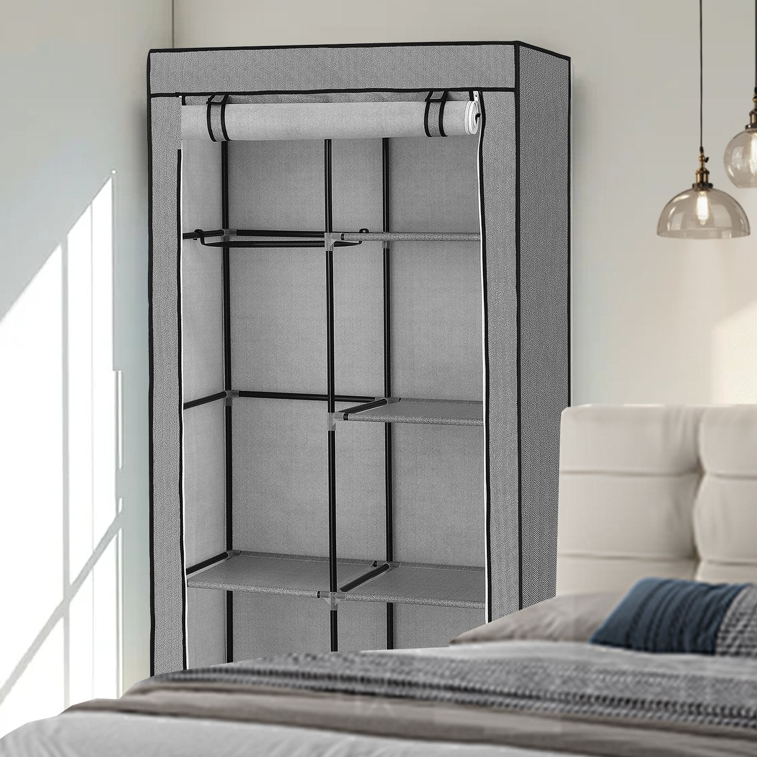 Portable Closet – Non-Woven Fabric – Grey – 6 Shelves and 2 Hanging Rails