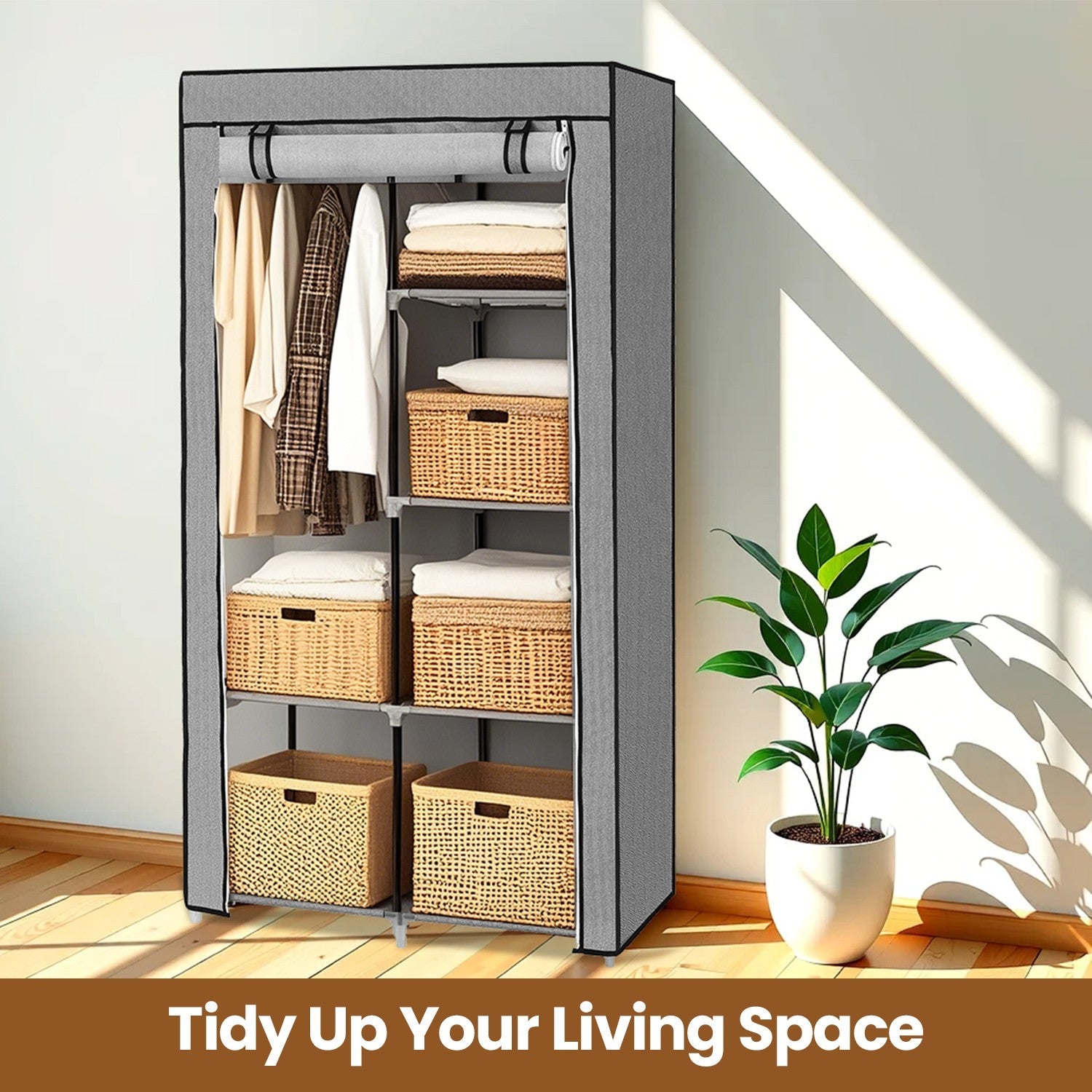 Portable Closet – Non-Woven Fabric – Grey – 6 Shelves and 2 Hanging Rails