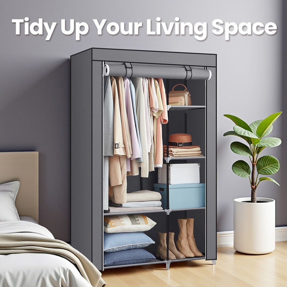 Portable Closet Organizer – Non-Woven Fabric – Grey – 6 Shelves and Hanging Rail