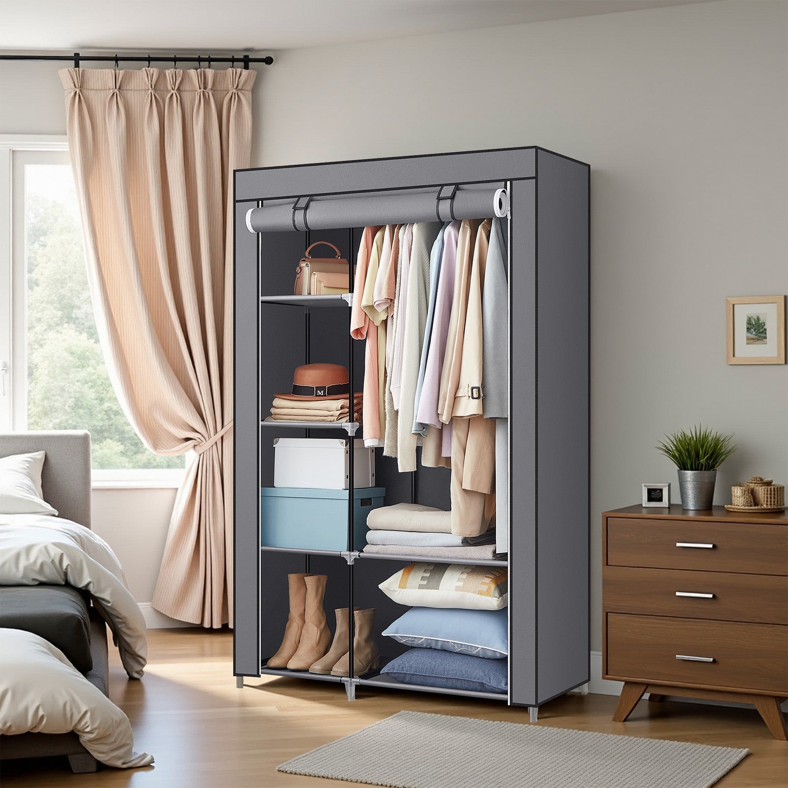 Portable Closet Organizer – Non-Woven Fabric – Grey – 6 Shelves and Hanging Rail