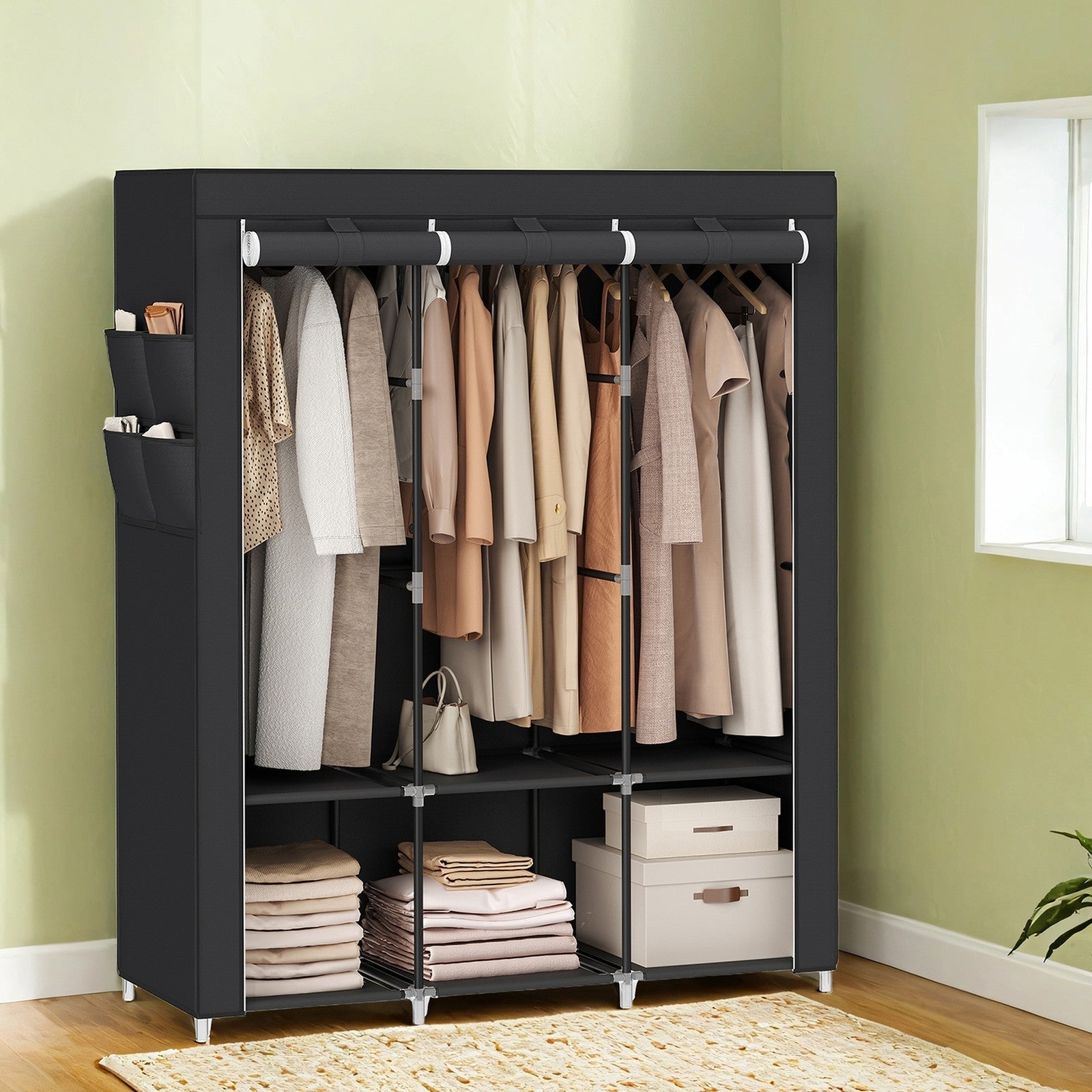 Portable Wardrobe – Fabric – Black – Large Capacity with 3 Hanging Rods and Shelves