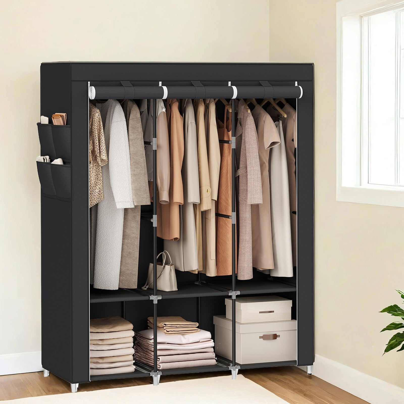 Portable Wardrobe – Fabric – Black – Large Capacity with 3 Hanging Rods and Shelves