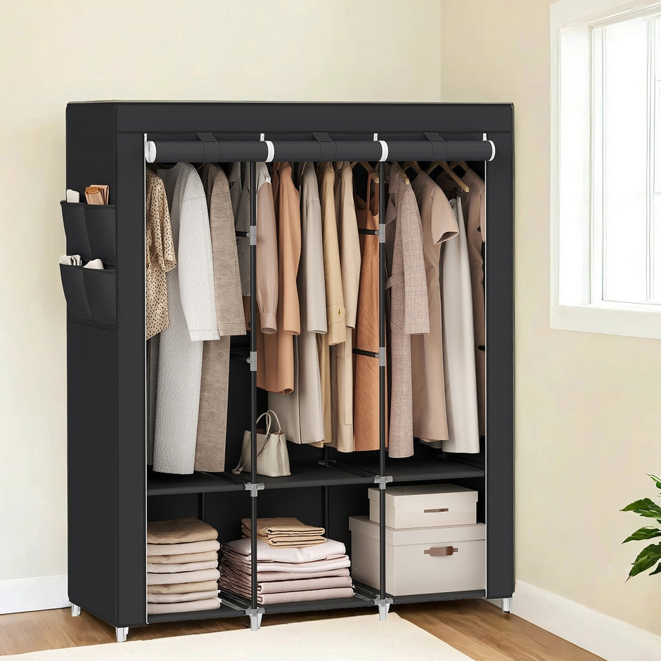 Portable Wardrobe – Fabric – Black – Large Capacity with 3 Hanging Rods and Shelves
