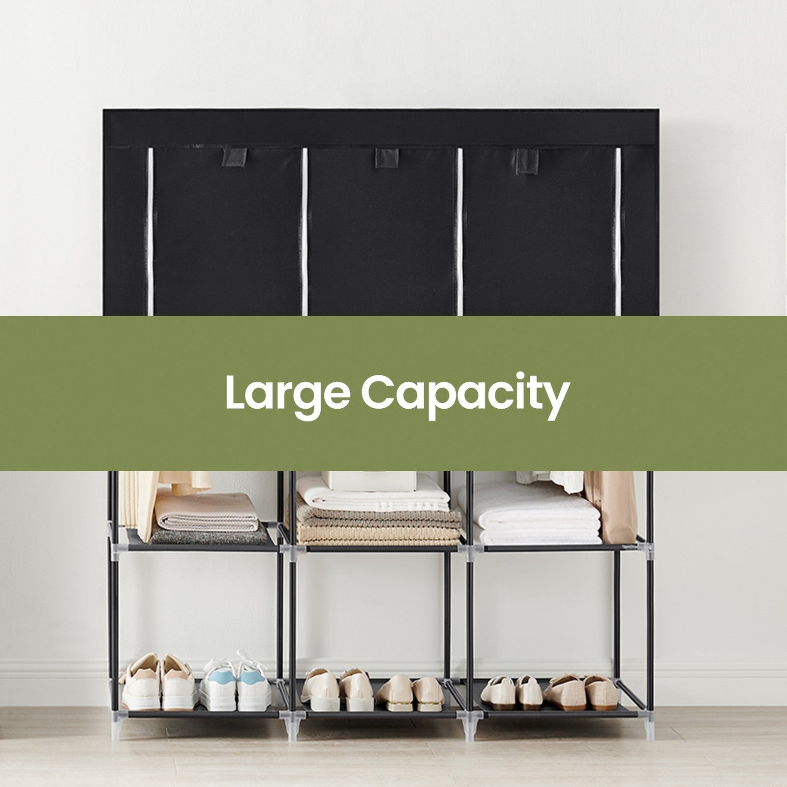 Portable Wardrobe – Fabric – Black – Large Capacity with 3 Hanging Rods and Shelves