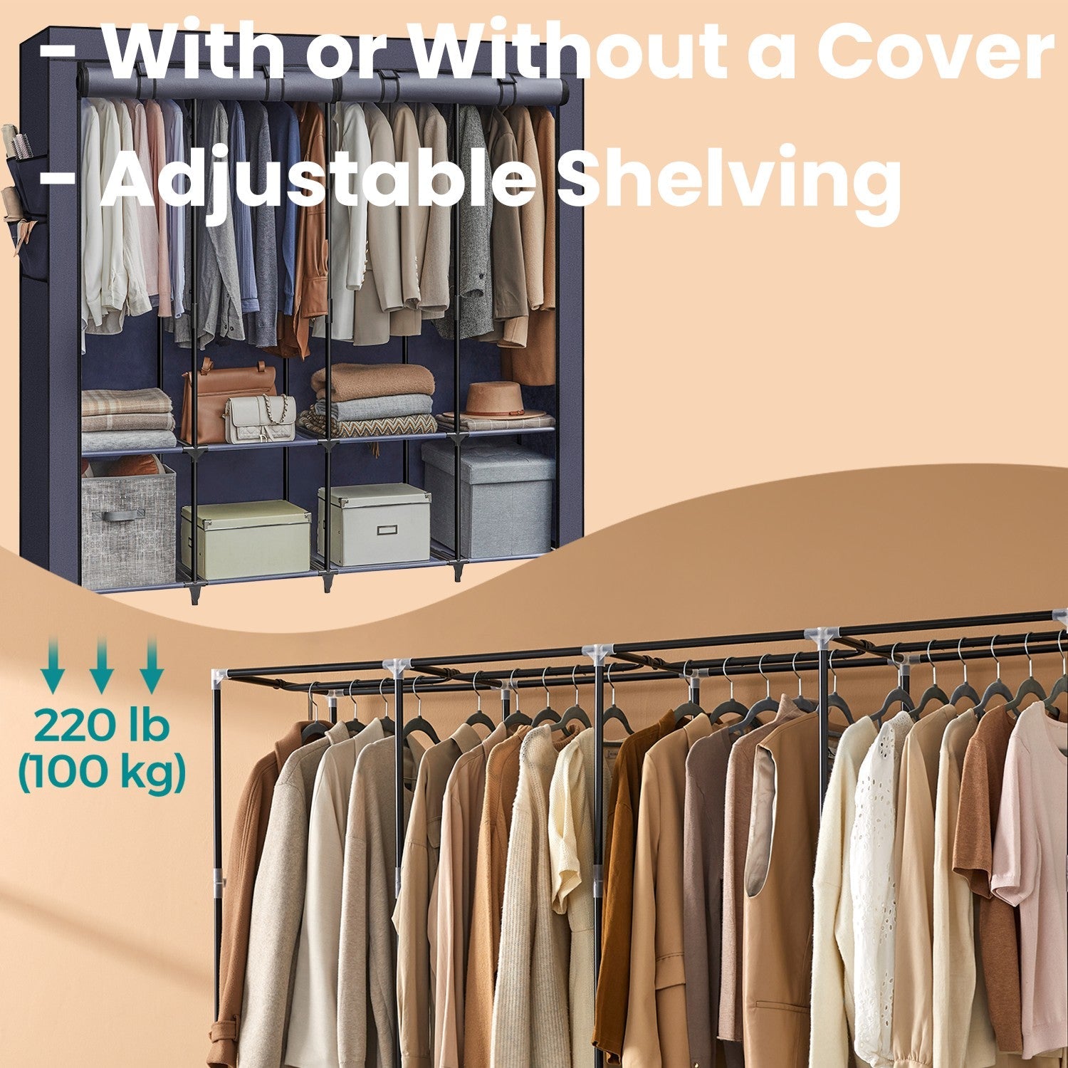 Portable Closet – Fabric – Grey – 4 Hanging Rods, Shelves, and Cover