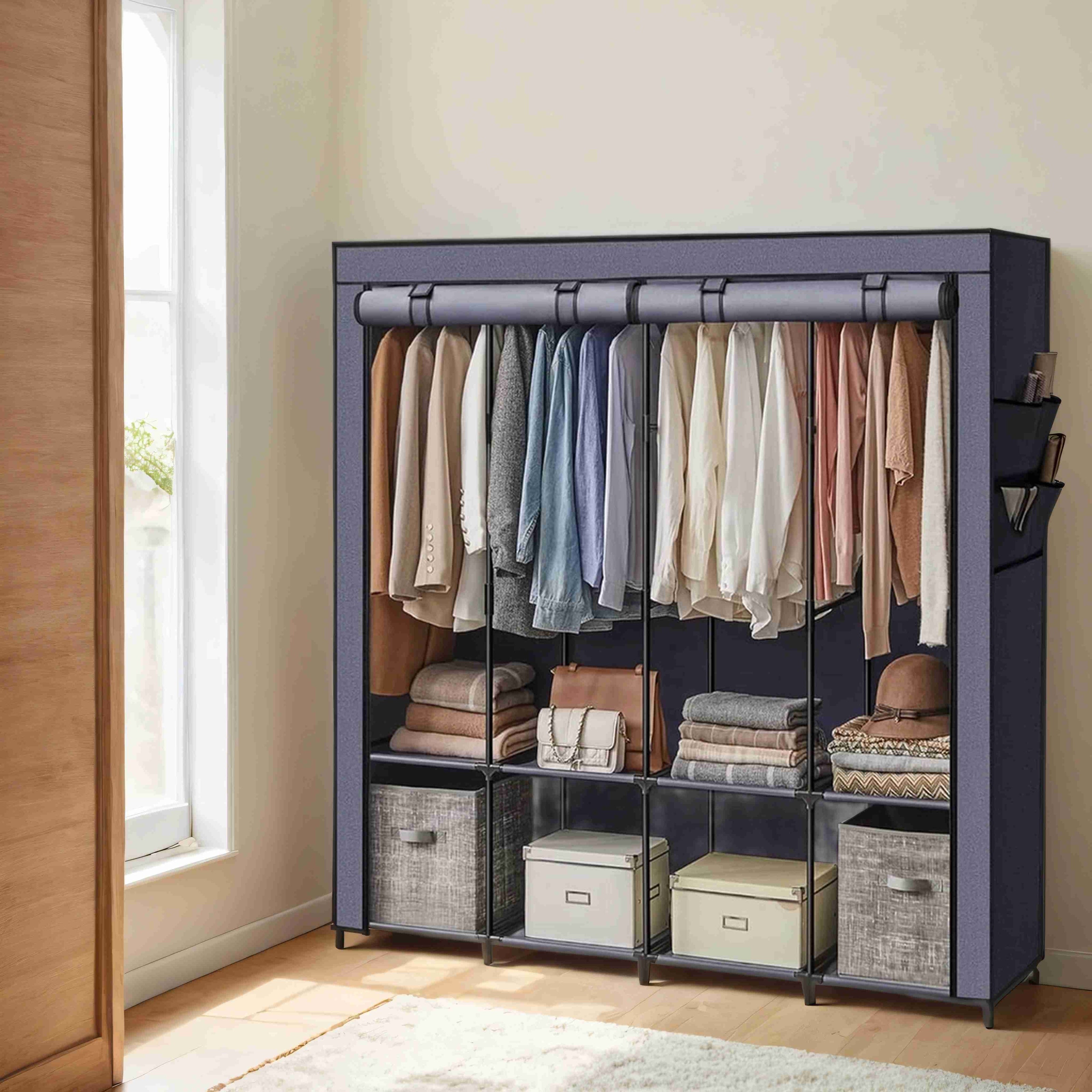 Portable Closet – Fabric – Grey – 4 Hanging Rods, Shelves, and Cover