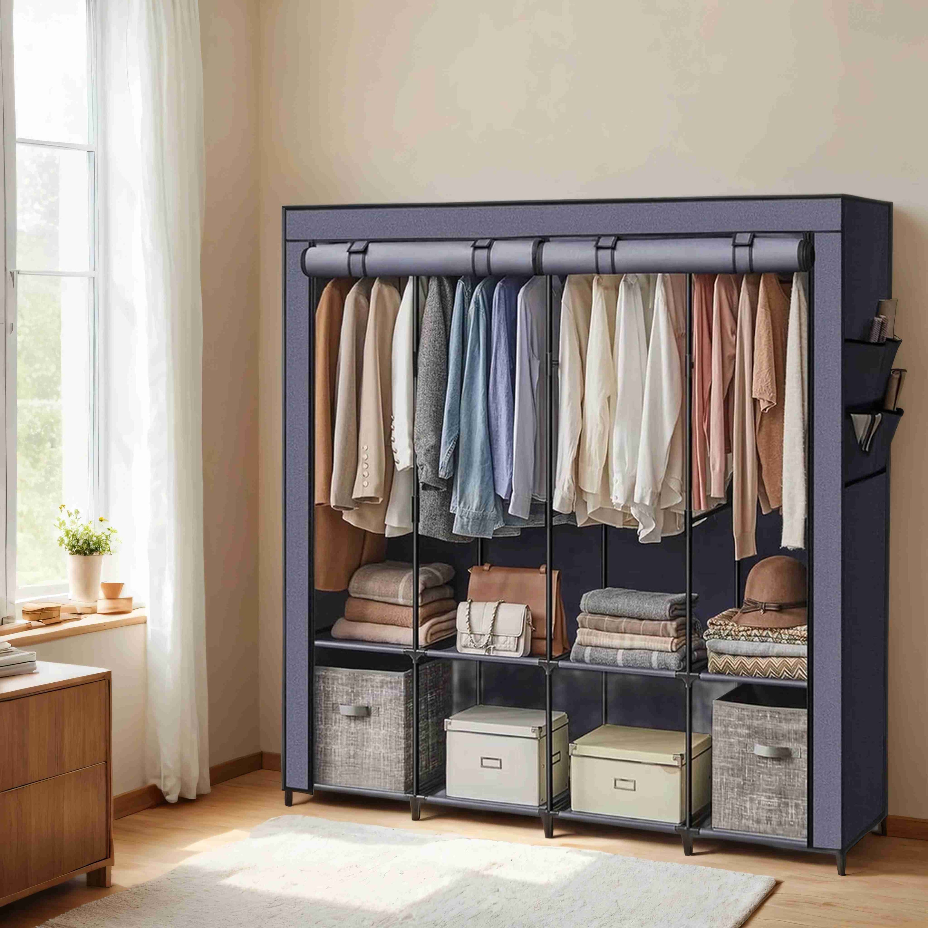 Portable Closet – Fabric – Grey – 4 Hanging Rods, Shelves, and Cover