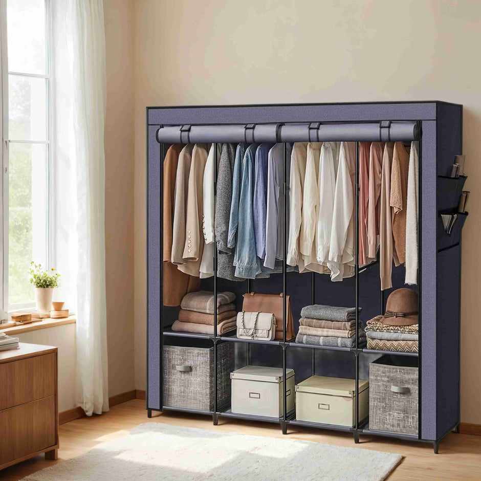 Portable Closet – Fabric – Grey – 4 Hanging Rods, Shelves, and Cover