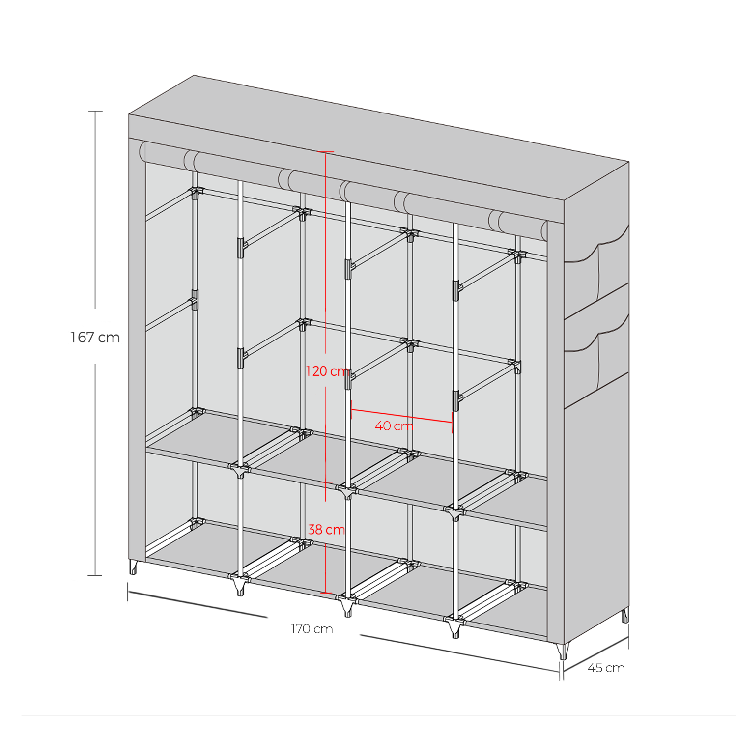 Portable Closet – Fabric – Grey – 4 Hanging Rods, Shelves, and Cover