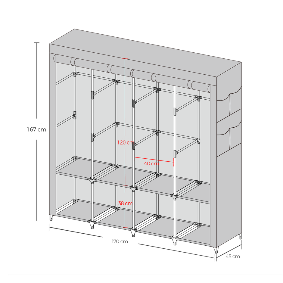 Portable Closet – Fabric – Grey – 4 Hanging Rods, Shelves, and Cover