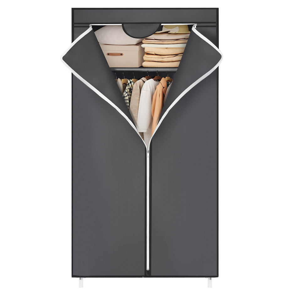Foldable Fabric Wardrobe – Canvas – Black – Portable Closet Organizer with Hanging Rail and Shelves