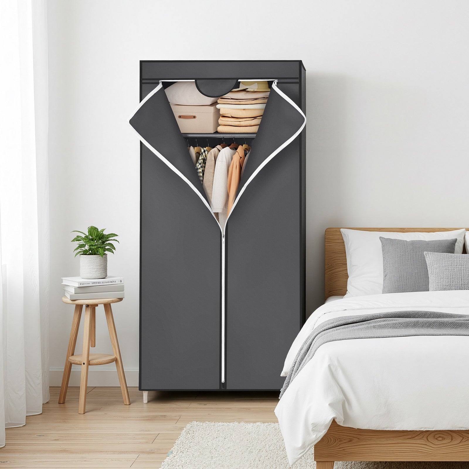 Foldable Fabric Wardrobe – Canvas – Black – Portable Closet Organizer with Hanging Rail and Shelves