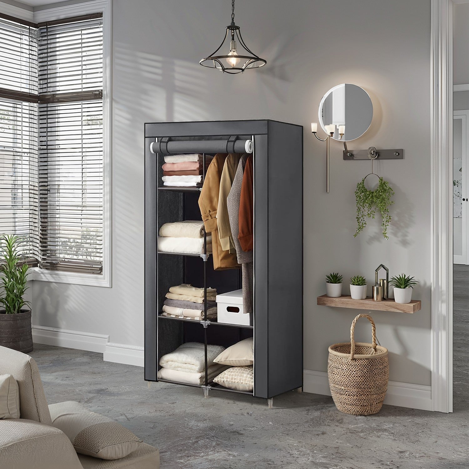 Portable Wardrobe – Non-Woven Fabric – Black – Double Hanging Rods and Adjustable Shelves