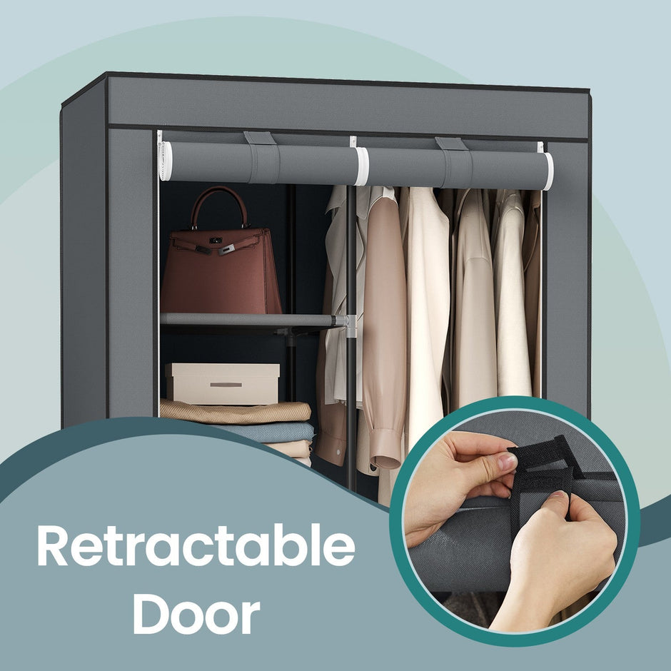 Portable Wardrobe – Non-Woven Fabric – Black – Double Hanging Rods and Adjustable Shelves