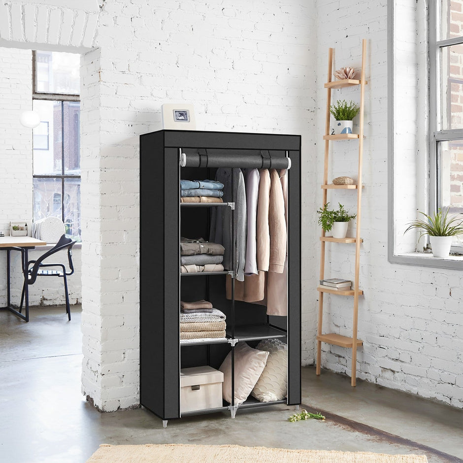 Portable Wardrobe – Non-Woven Fabric – Black – Double Hanging Rods and Adjustable Shelves