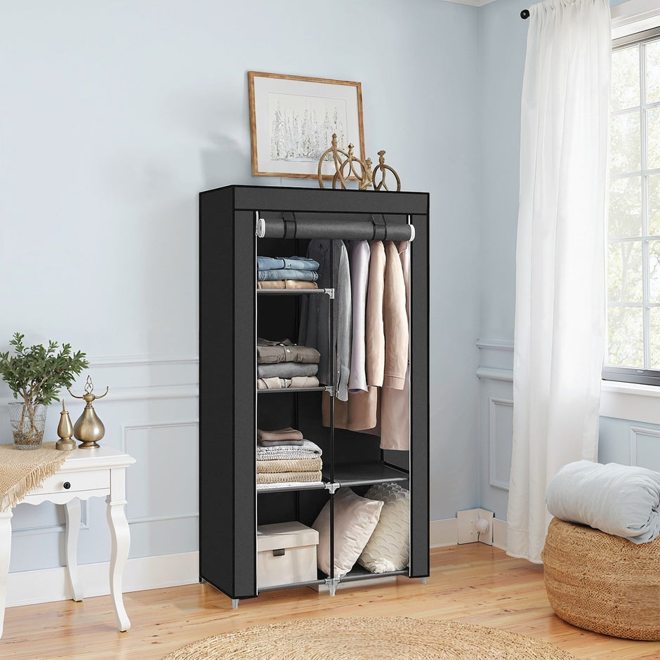 Portable Wardrobe – Non-Woven Fabric – Black – Double Hanging Rods and Adjustable Shelves