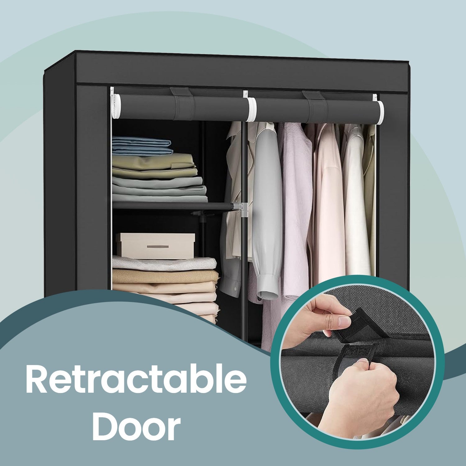 Portable Wardrobe – Non-Woven Fabric – Black – Double Hanging Rods and Adjustable Shelves