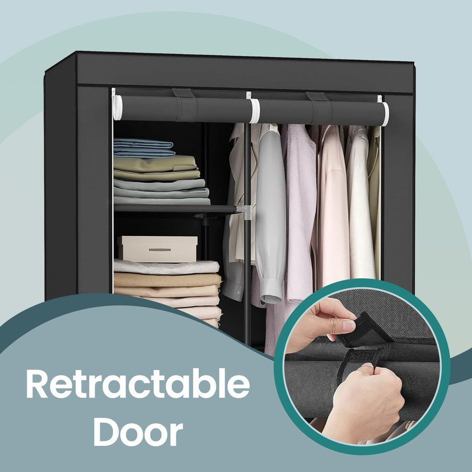Portable Wardrobe – Non-Woven Fabric – Black – Double Hanging Rods and Adjustable Shelves