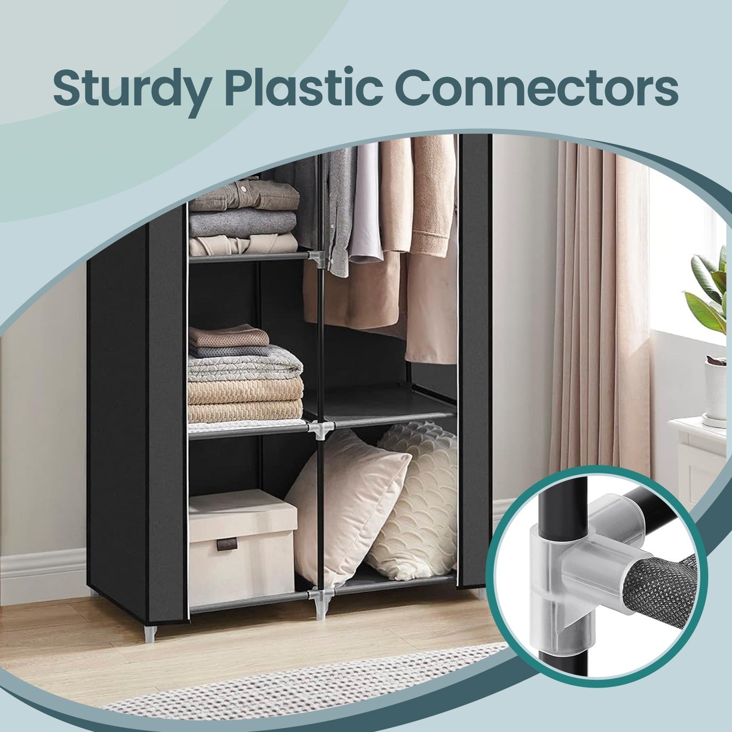 Portable Wardrobe – Non-Woven Fabric – Black – Double Hanging Rods and Adjustable Shelves