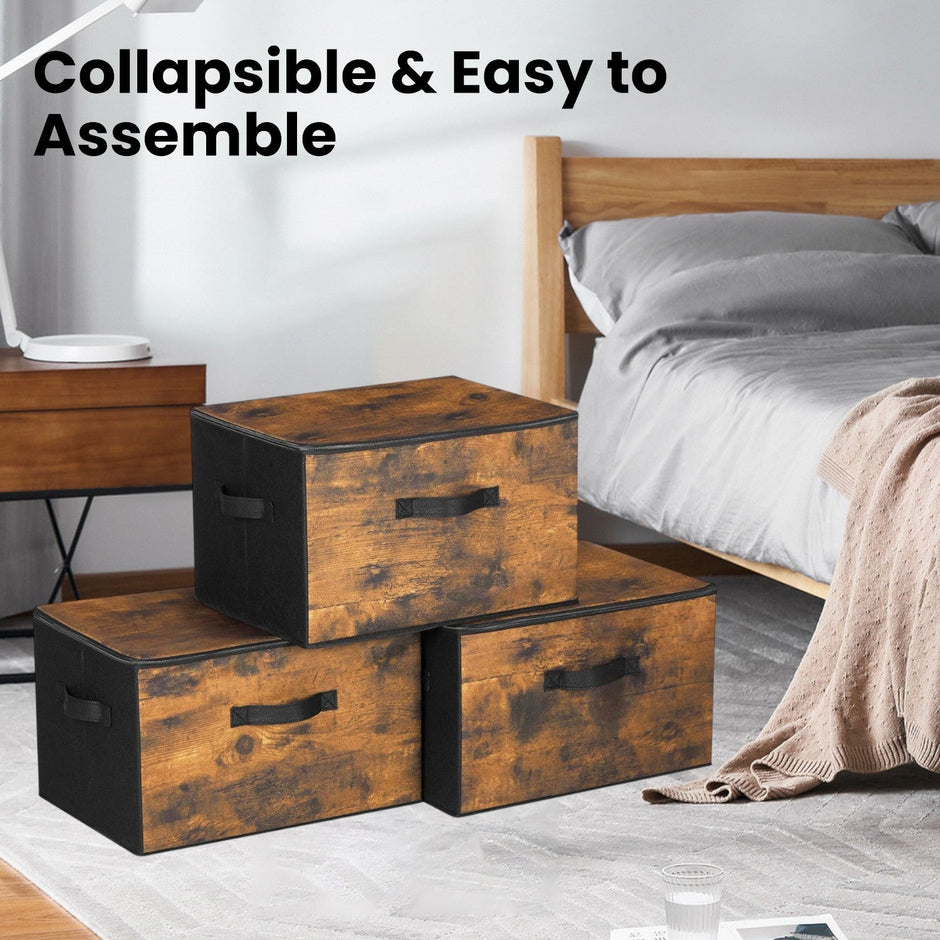 Foldable Storage Organiser Boxes – Non-Woven Fabric – Rustic Brown – Set of 3 with Handles