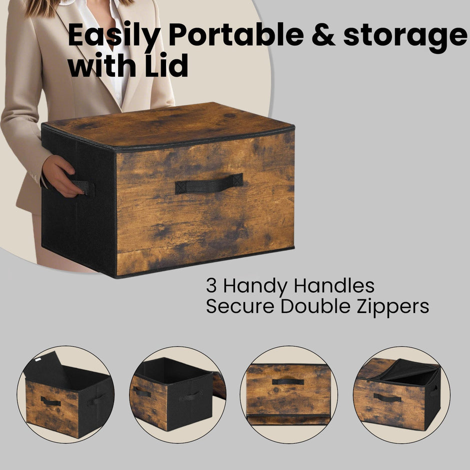 Foldable Storage Organiser Boxes – Non-Woven Fabric – Rustic Brown – Set of 3 with Handles