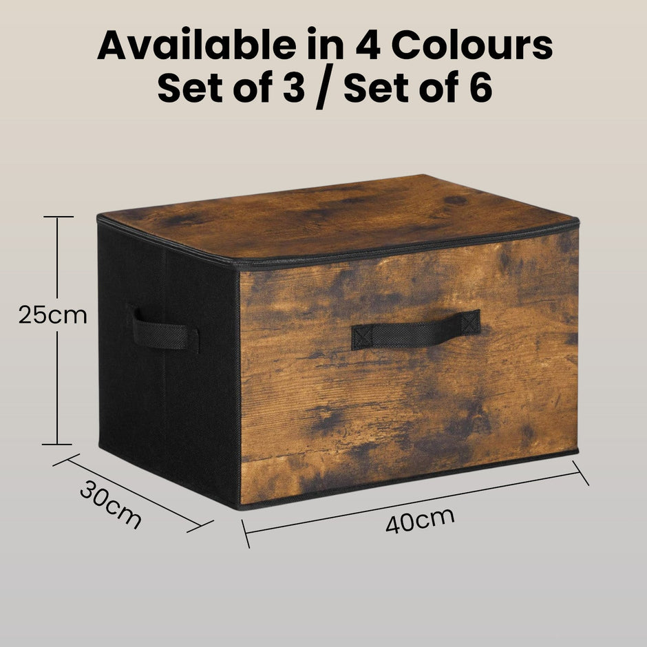 Foldable Storage Organiser Boxes – Non-Woven Fabric – Rustic Brown – Set of 3 with Handles