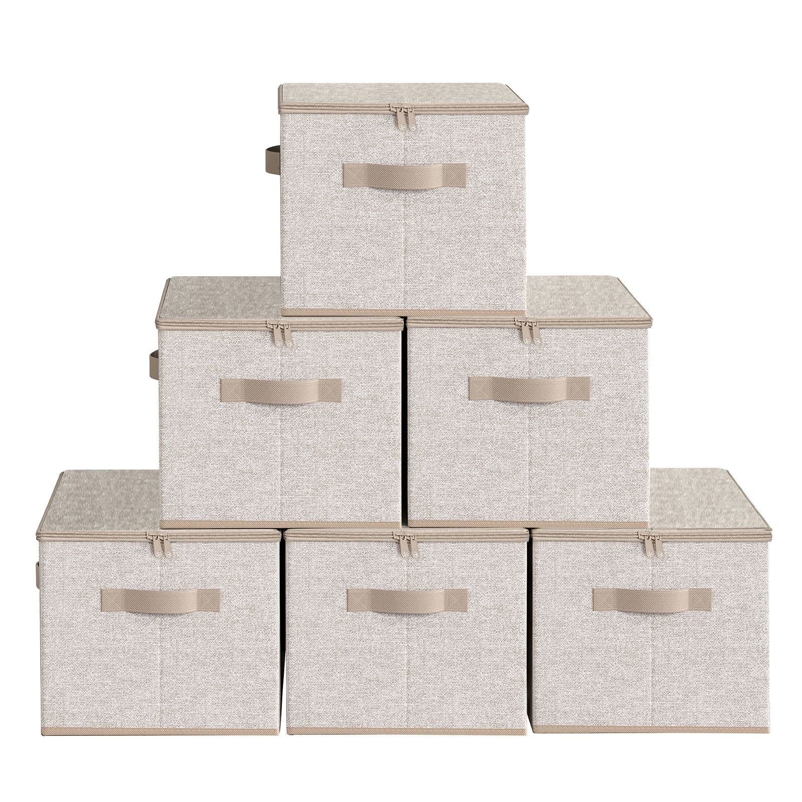 Set of 6 Foldable Storage Boxes – Non-Woven Fabric – Rustic Brown – With Lids and Handles