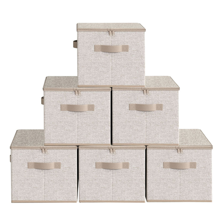 Set of 6 Foldable Storage Boxes – Non-Woven Fabric – Rustic Brown – With Lids and Handles