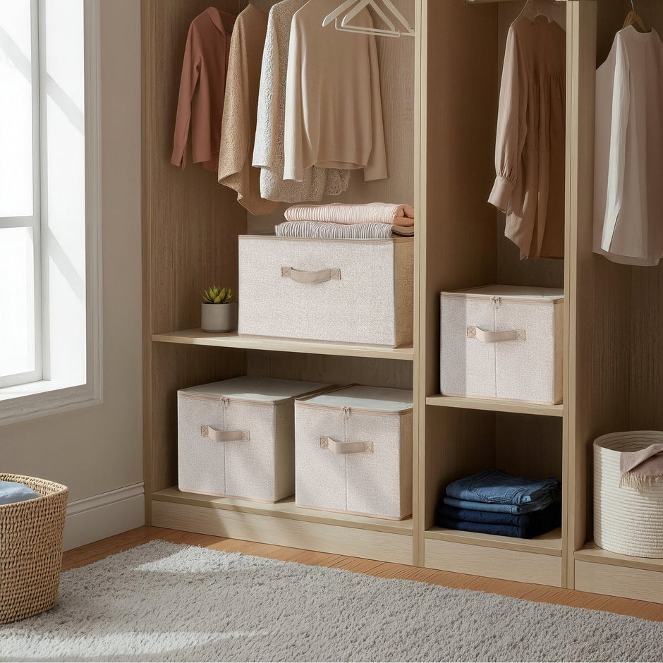Set of 6 Foldable Storage Boxes – Non-Woven Fabric – Rustic Brown – With Lids and Handles