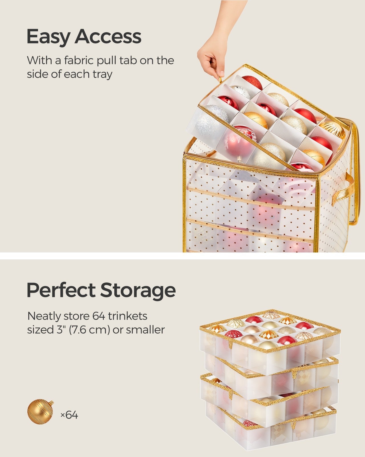 Christmas Ornament Storage Box – Plastic – Semi-Transparent – Modular Dividers, 128 Bauble Capacity