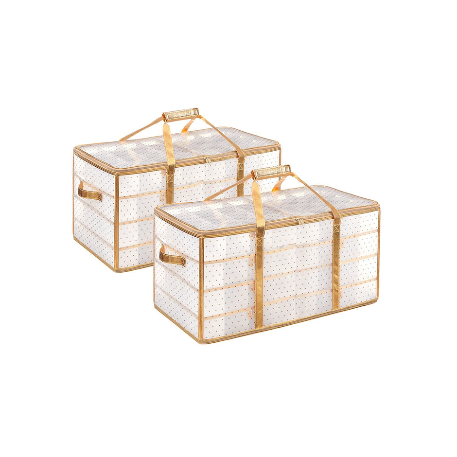 Set of 2 Christmas Ornament Storage Boxes – Fabric – Semi-Transparent – Modular Dividers, 128 Capacity