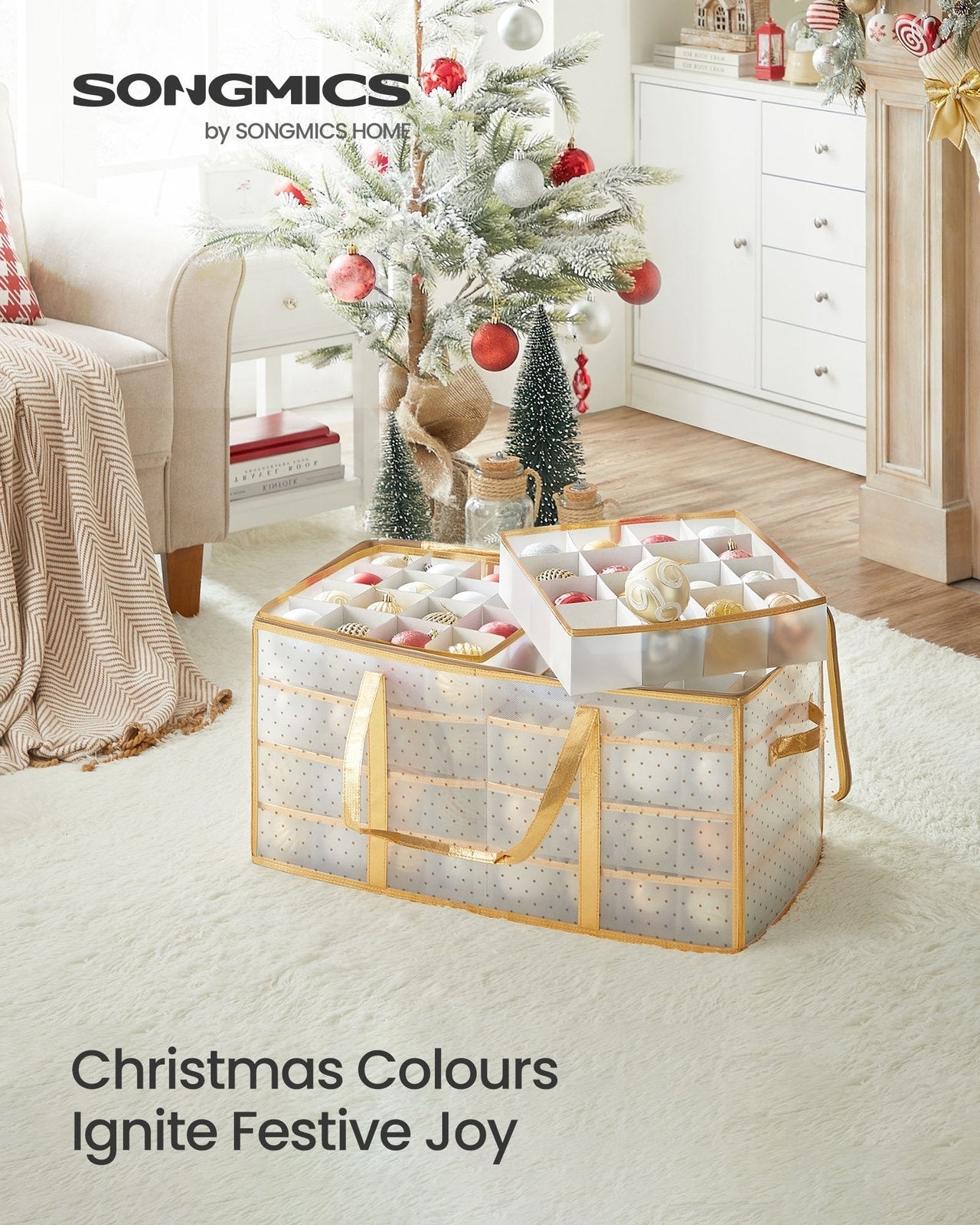 Set of 2 Christmas Ornament Storage Boxes – Fabric – Semi-Transparent – Modular Dividers, 128 Capacity