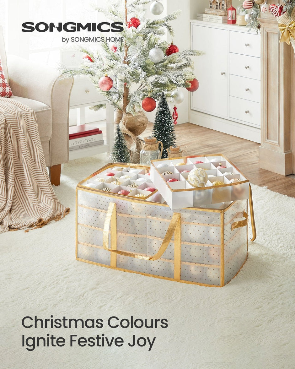 Set of 2 Christmas Ornament Storage Boxes – Fabric – Semi-Transparent – Modular Dividers, 128 Capacity