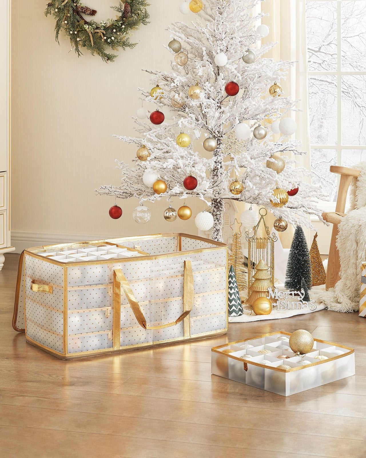 Set of 2 Christmas Ornament Storage Boxes – Fabric – Semi-Transparent – Modular Dividers, 128 Capacity