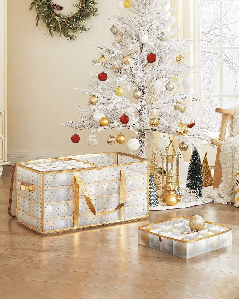 Set of 2 Christmas Ornament Storage Boxes – Fabric – Semi-Transparent – Modular Dividers, 128 Capacity