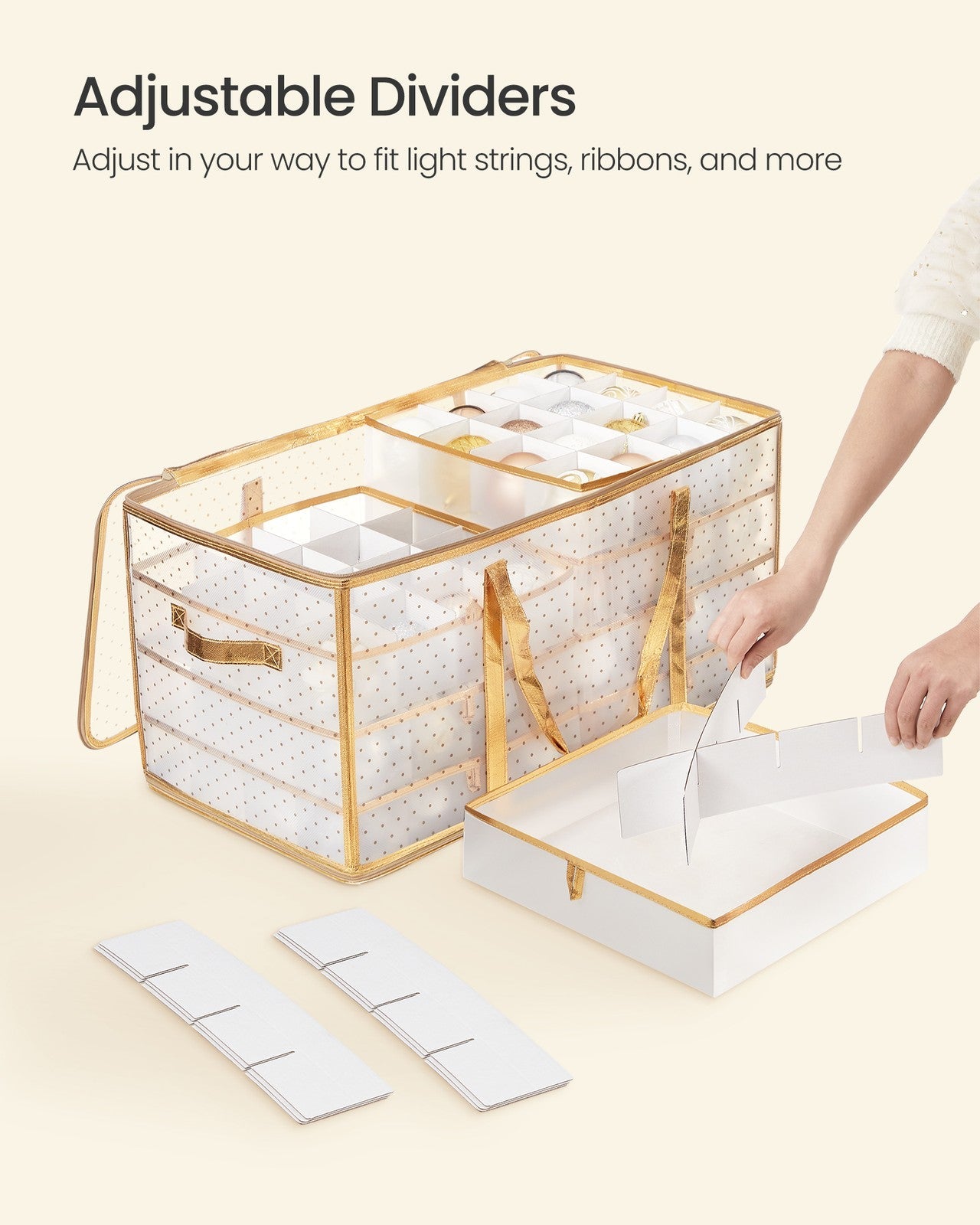 Set of 2 Christmas Ornament Storage Boxes – Fabric – Semi-Transparent – Modular Dividers, 128 Capacity