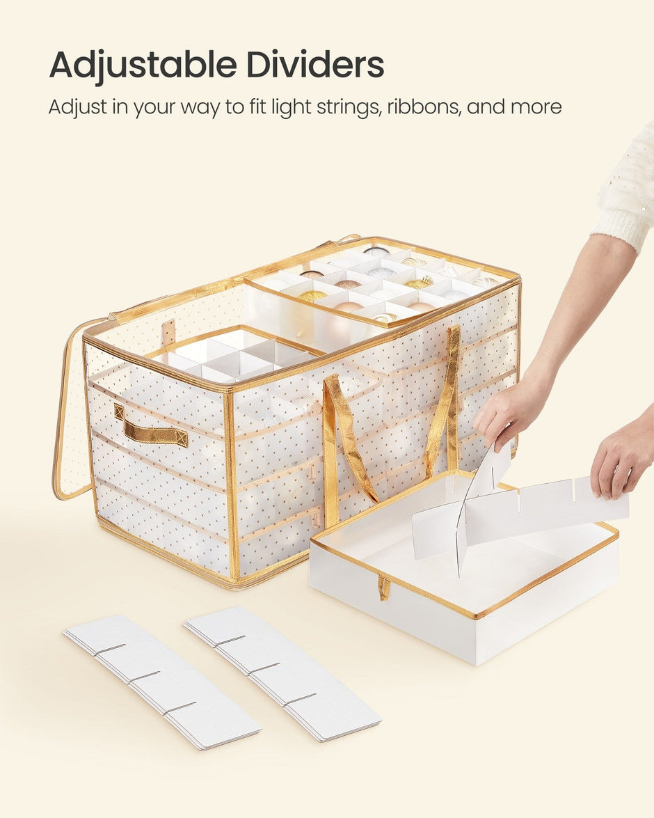 Set of 2 Christmas Ornament Storage Boxes – Fabric – Semi-Transparent – Modular Dividers, 128 Capacity