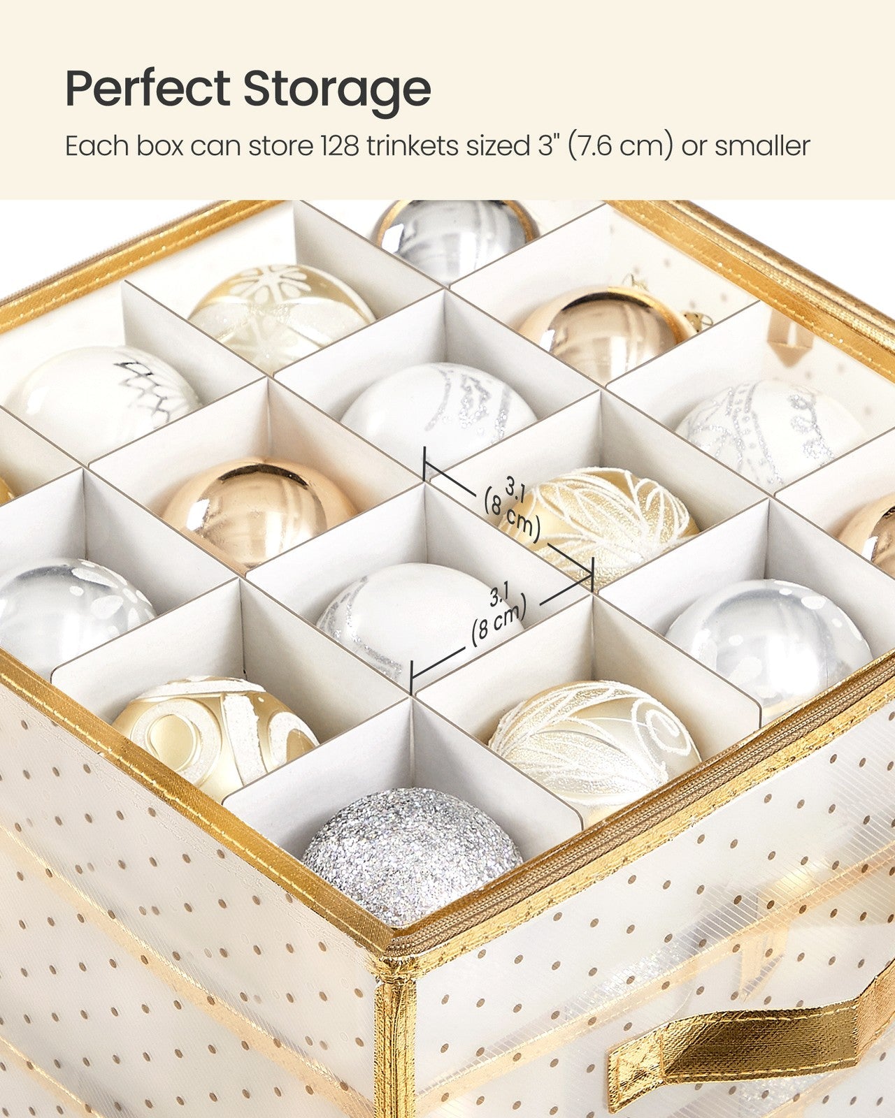Set of 2 Christmas Ornament Storage Boxes – Fabric – Semi-Transparent – Modular Dividers, 128 Capacity