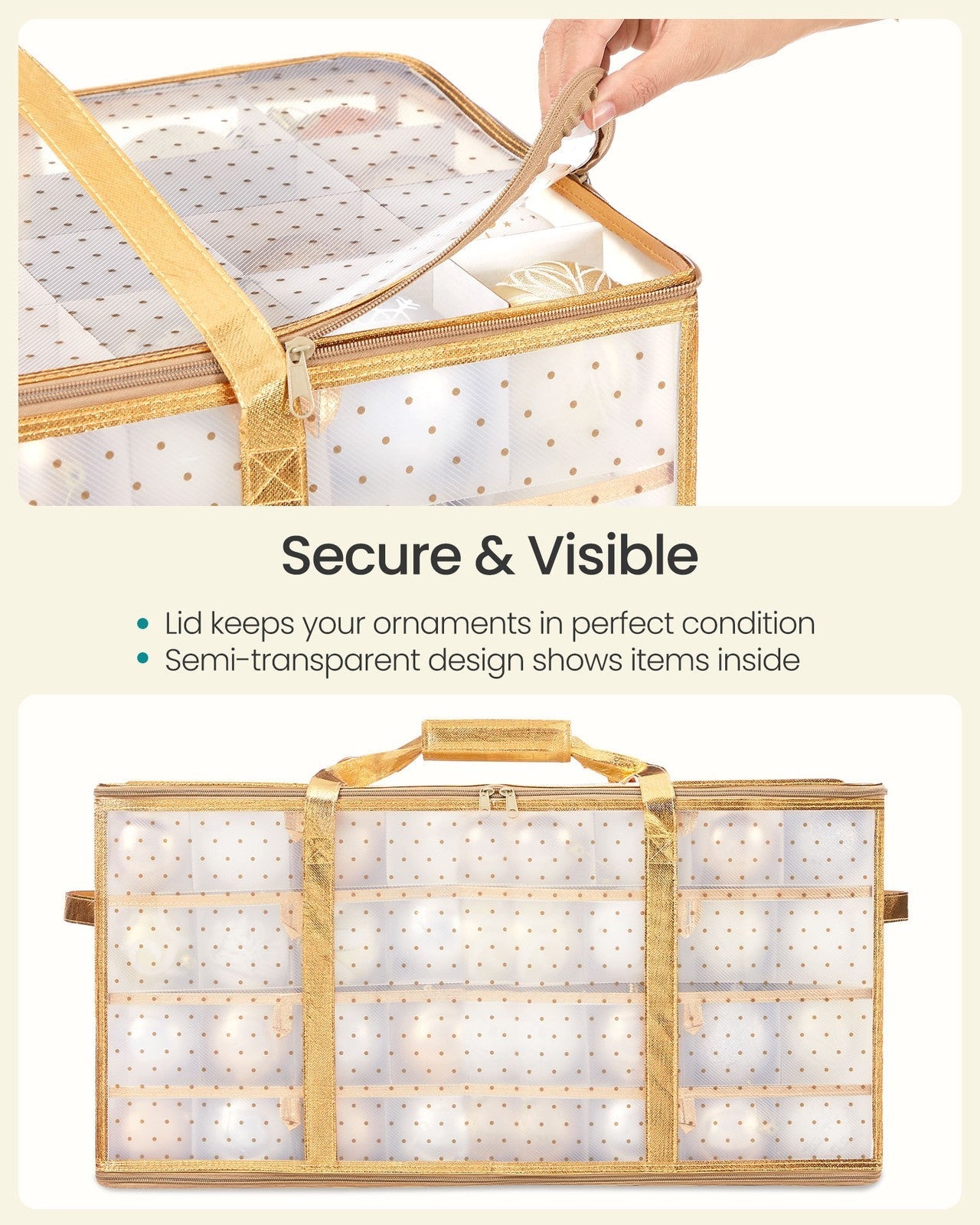 Set of 2 Christmas Ornament Storage Boxes – Fabric – Semi-Transparent – Modular Dividers, 128 Capacity
