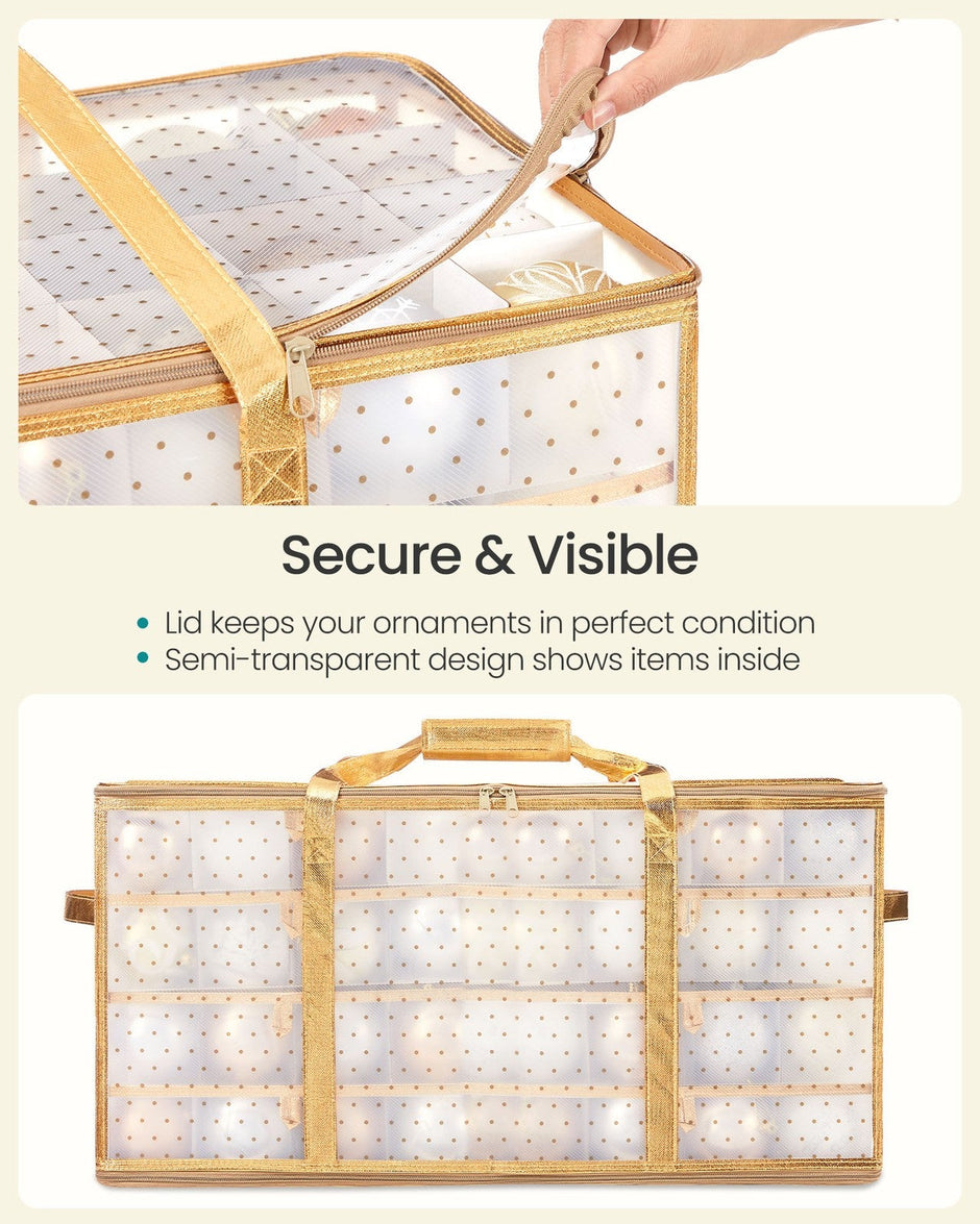 Set of 2 Christmas Ornament Storage Boxes – Fabric – Semi-Transparent – Modular Dividers, 128 Capacity