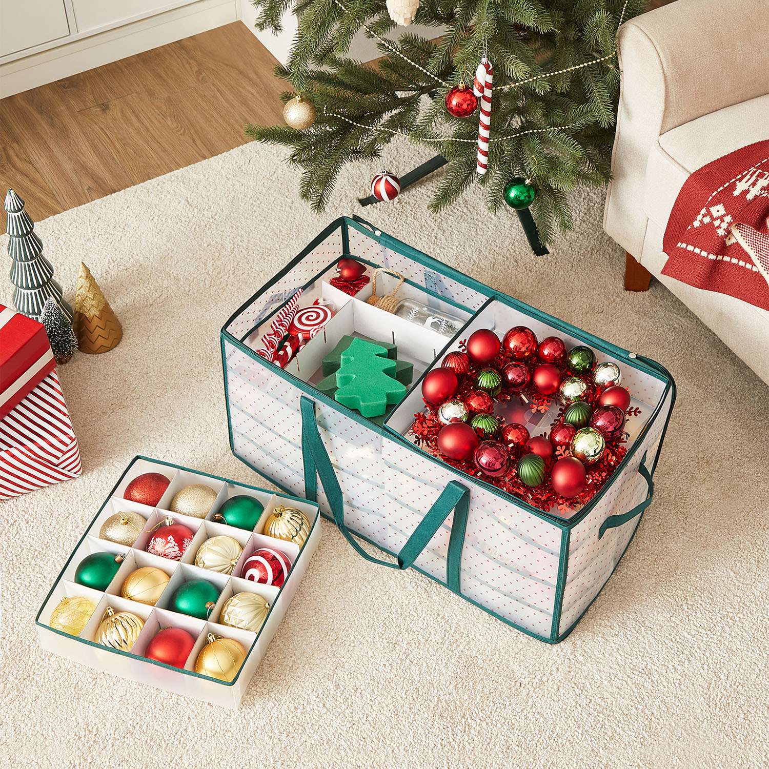 Christmas Ornament Storage Box – Fabric – Semi-Transparent – 128-Place with Modular Dividers
