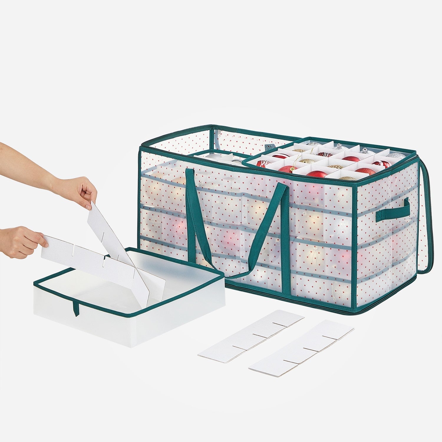 Christmas Ornament Storage Box – Fabric – Semi-Transparent – 128-Place with Modular Dividers