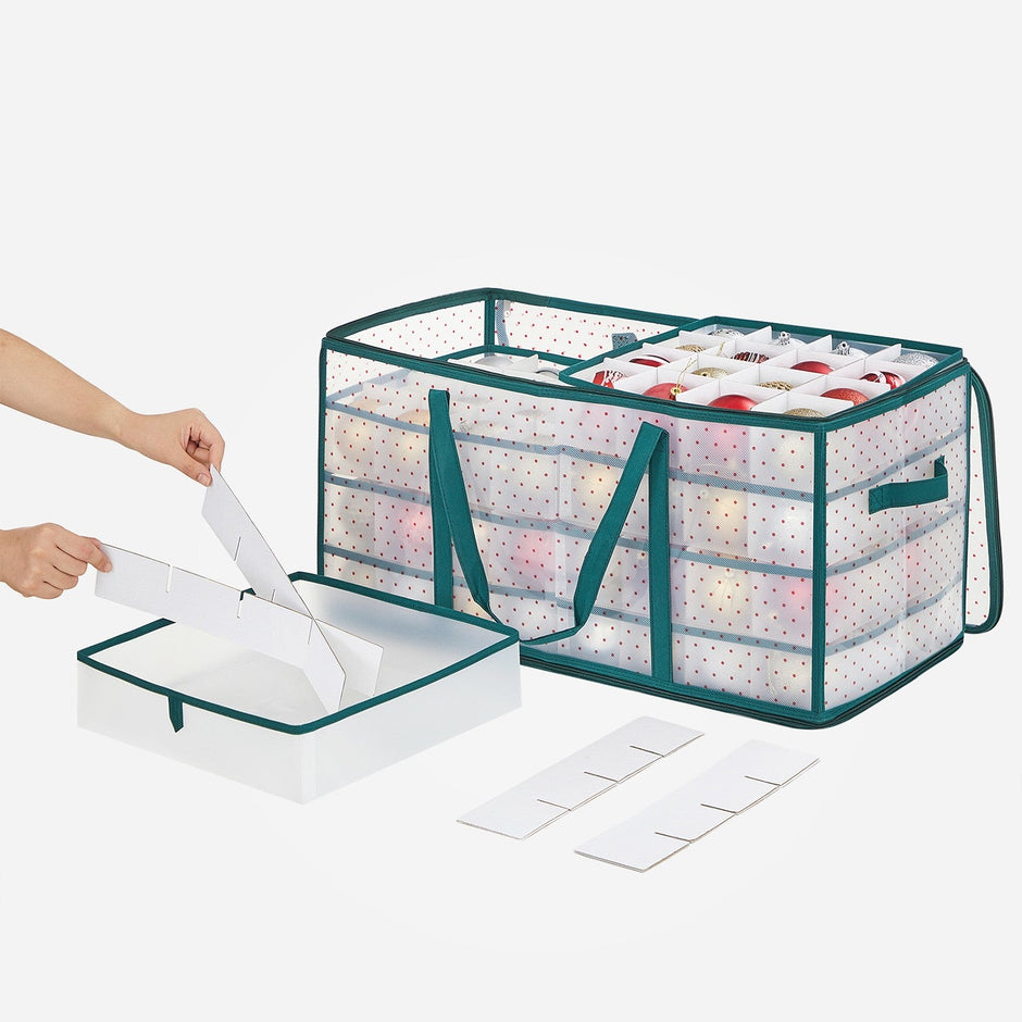 Christmas Ornament Storage Box – Fabric – Semi-Transparent – 128-Place with Modular Dividers