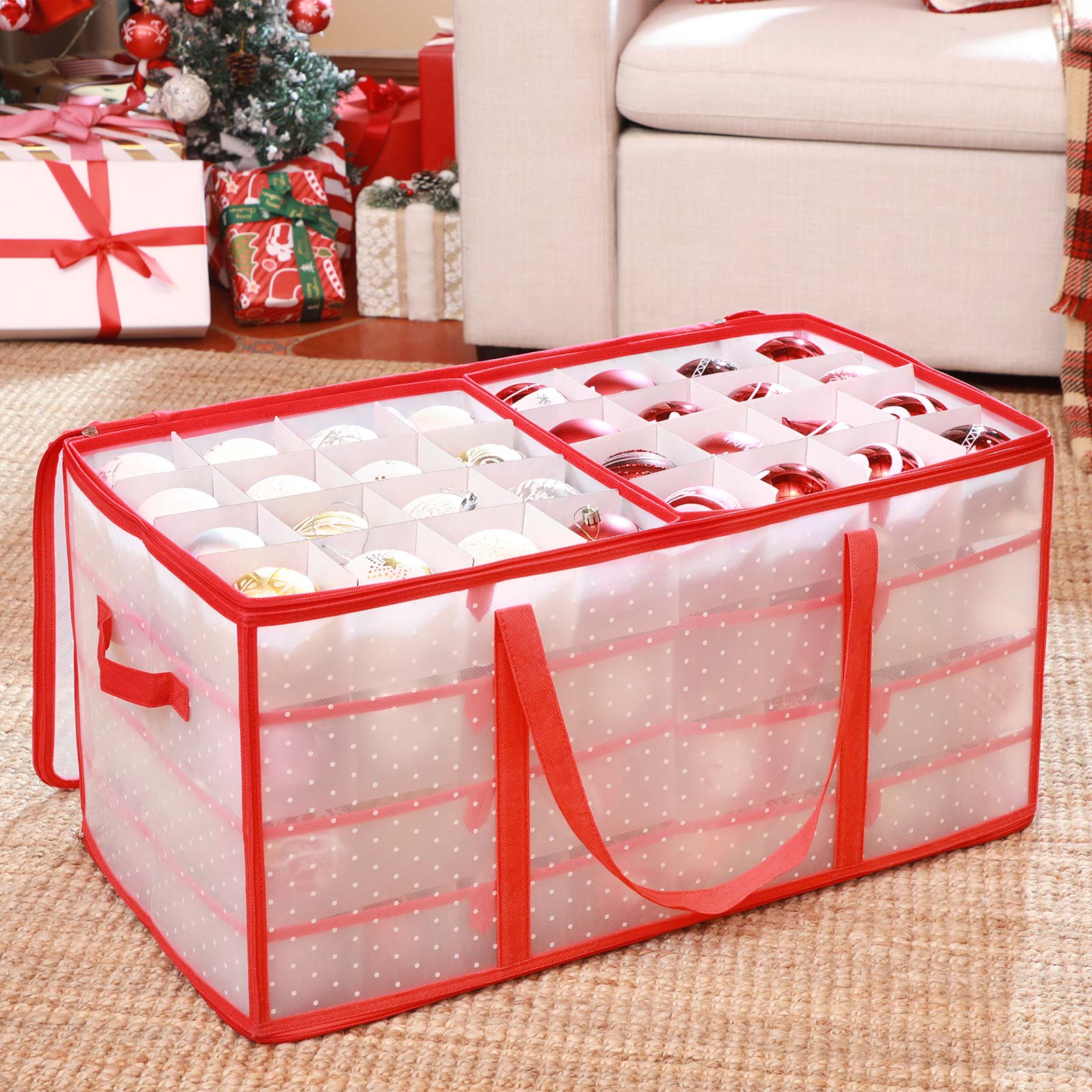 Large Storage Box – Fabric – Red – Modular Dividers for Christmas Baubles