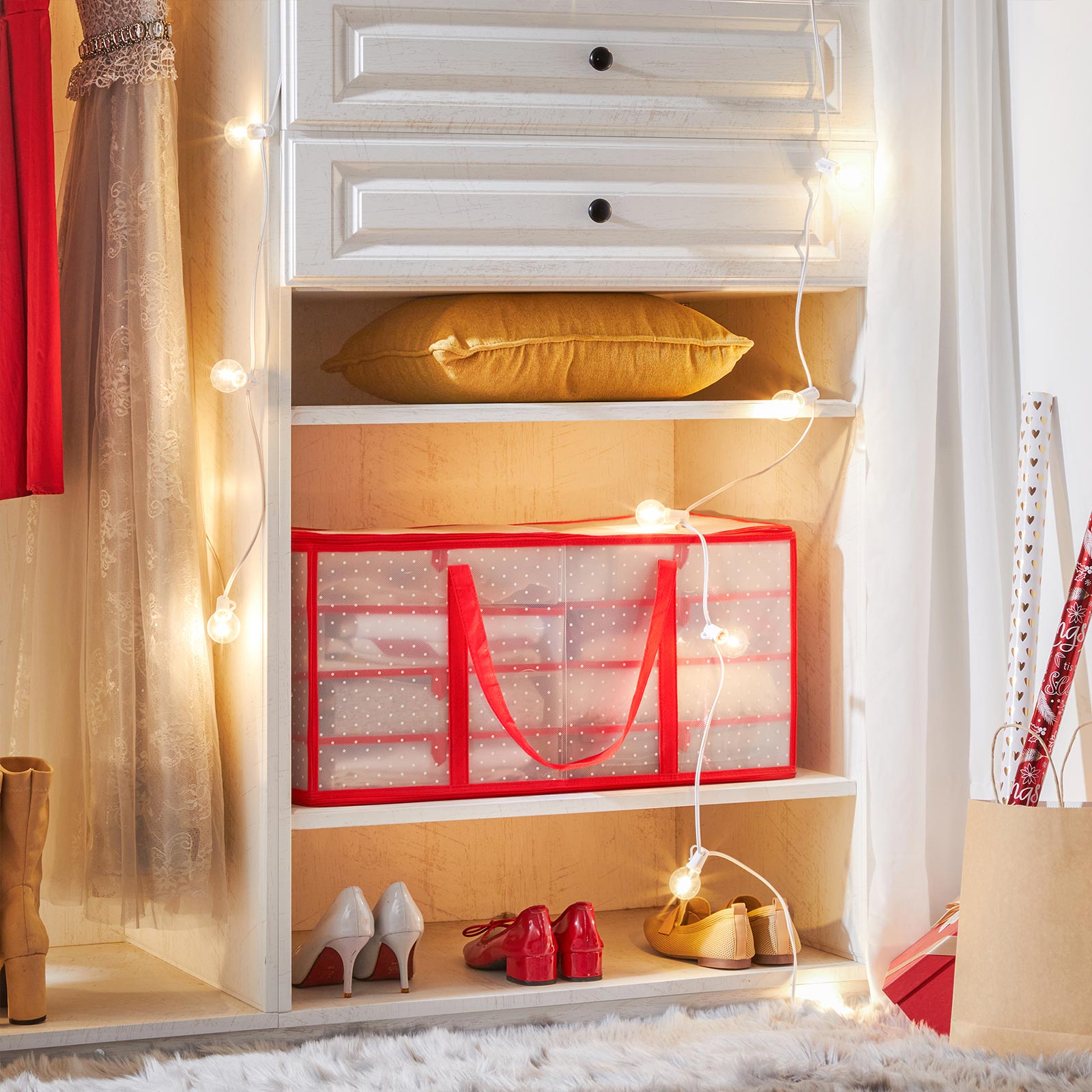 Large Storage Box – Fabric – Red – Modular Dividers for Christmas Baubles