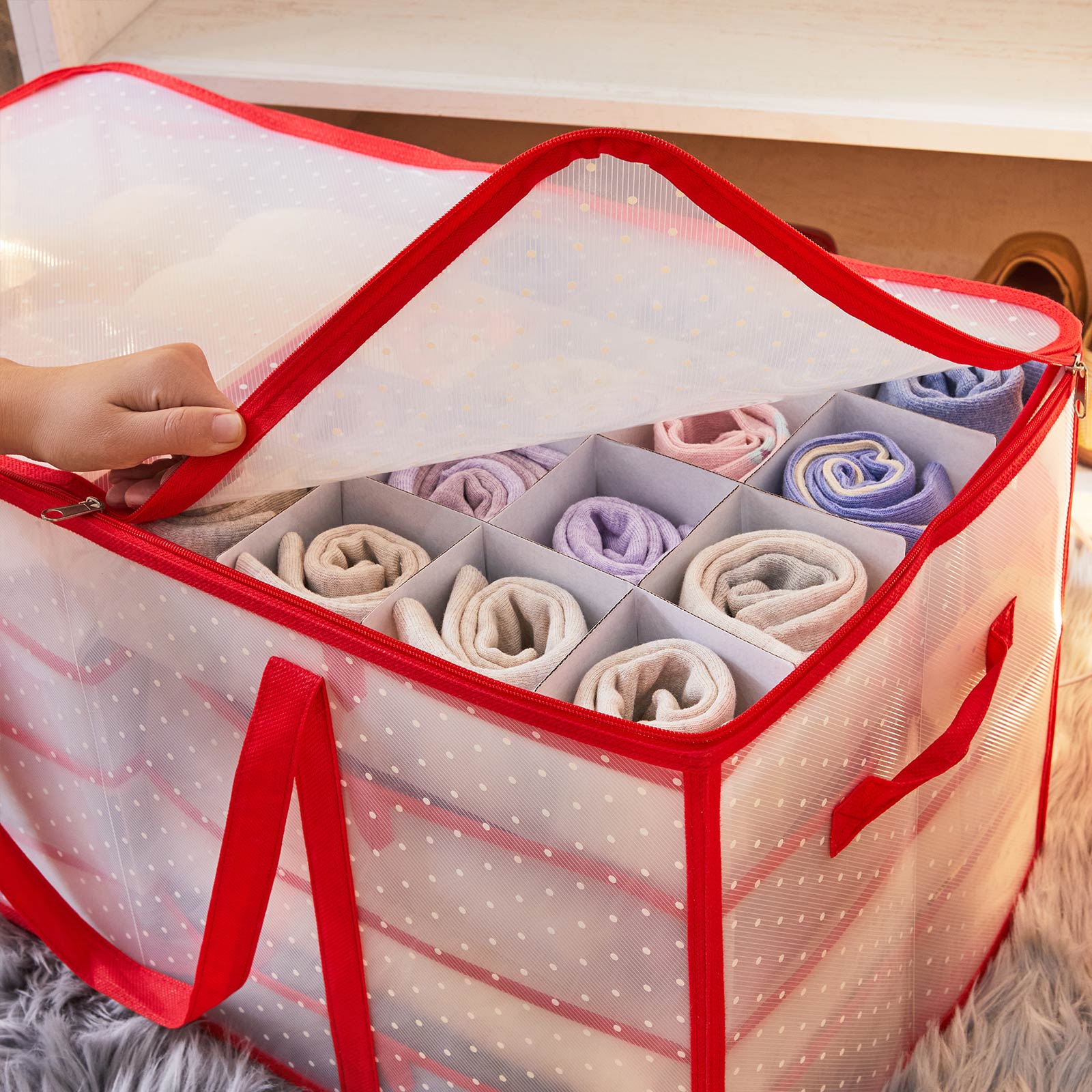 Large Storage Box – Fabric – Red – Modular Dividers for Christmas Baubles