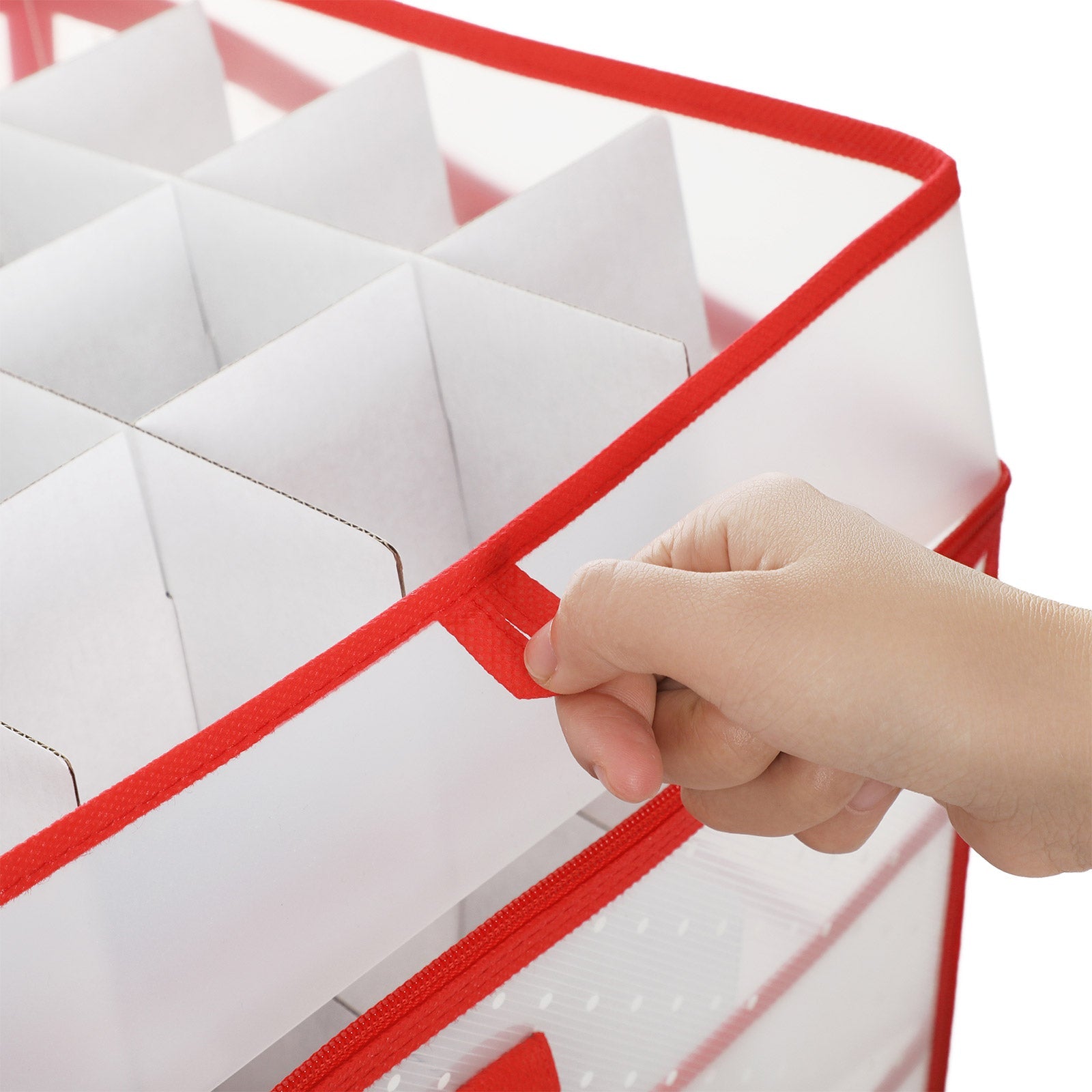 Large Storage Box – Fabric – Red – Modular Dividers for Christmas Baubles
