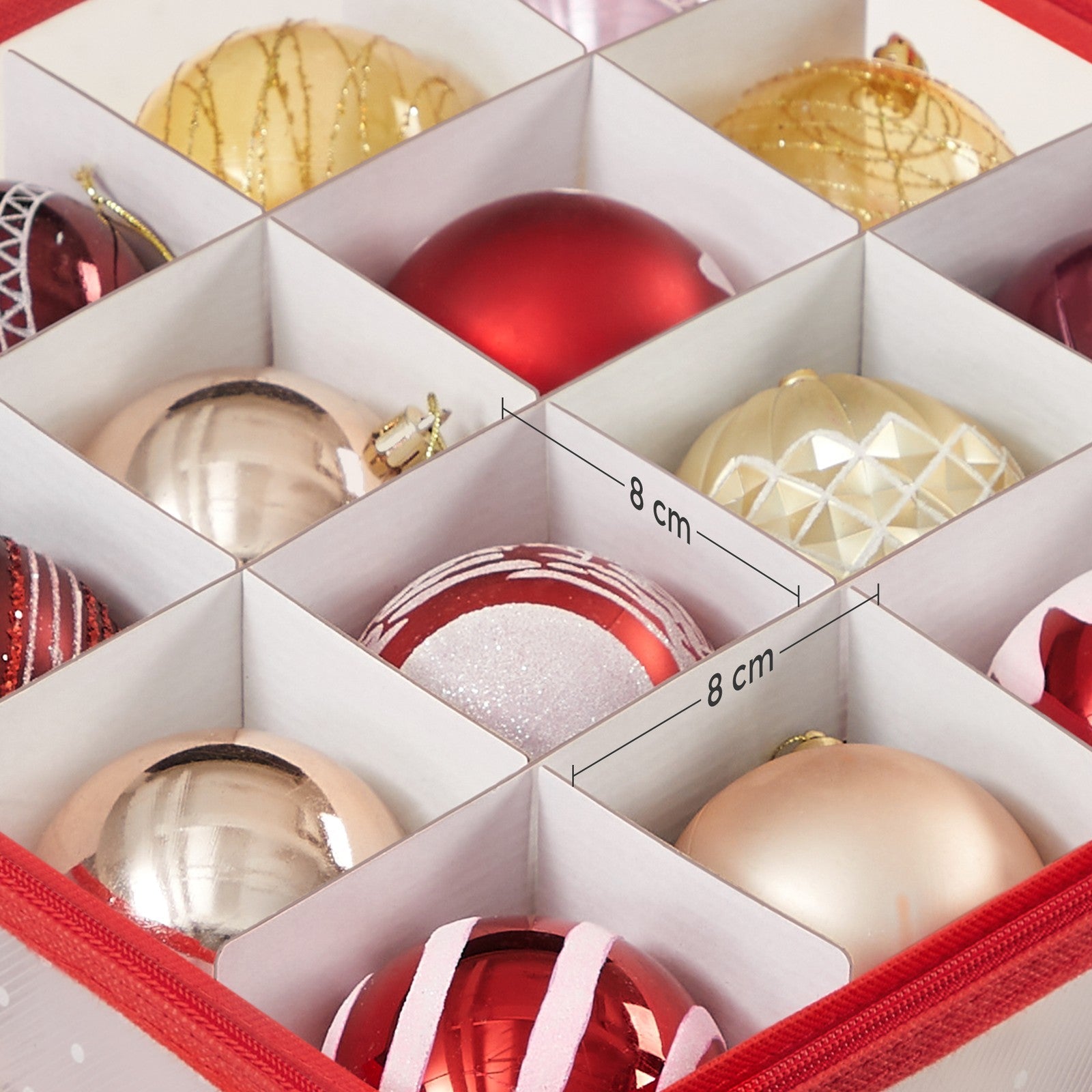 Christmas Ornament Storage Box – Plastic – Cherry Red – 128 Compartment Capacity with Modular Dividers